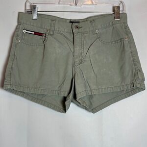 Y2K VTG Tommy Jeans Sage Green Low Rise Cotton Mini Cargo Shorts Womens Size 9
